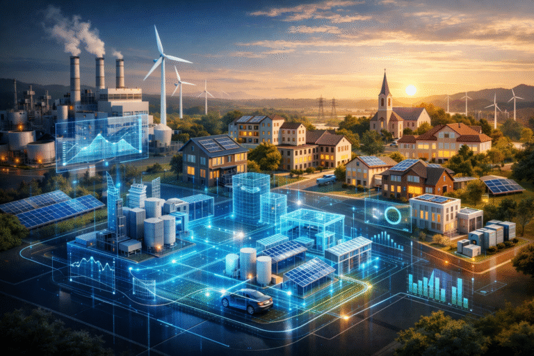 Visualisierung eines digitalen Zwillings für industrielle, kommunale und quartierbezogene Energiesysteme mit Simulation und Vernetzung